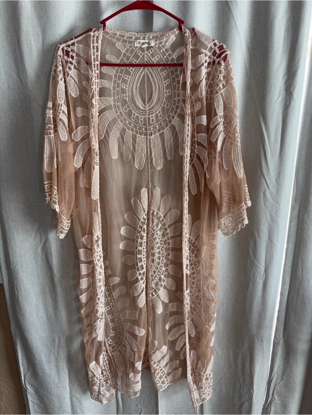 Sheer Lace Embroidered Kimono Robe - Blush